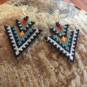 Handcrafted Chevron Beaded Arrow Earrings | Geometric Pattern Jewelry